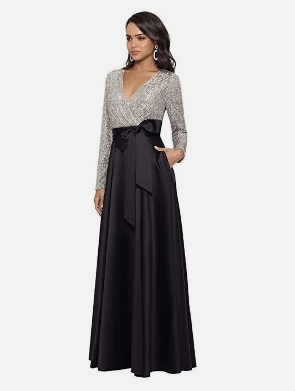 Xscape Black/ Nude Silver Long Sleeve Sequin Dress